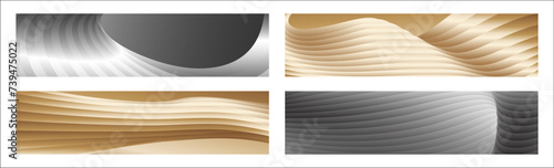 Wavy silver and gold parallel gradient lines, ribbons, silk. Set of 4 backgrounds. Black and white with shades of gray or golden silk. Banner, poster. eps vector © HALINA YERMAKOVA