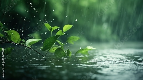Green leaves above the water surface in drizzle. Light summer rain Water drops
