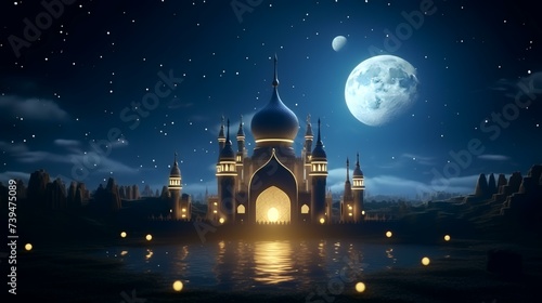 Ramadan Kareem's background with mosque and full moon. 3D rendering