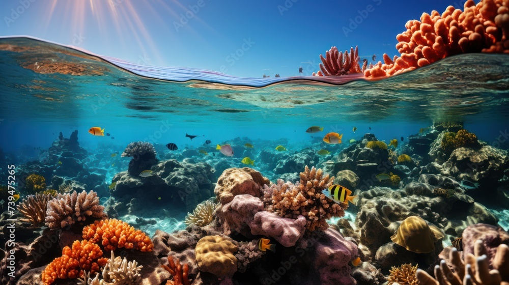 The diverse marine life and vibrant colors of a bustling coral reef ecosystem underwater