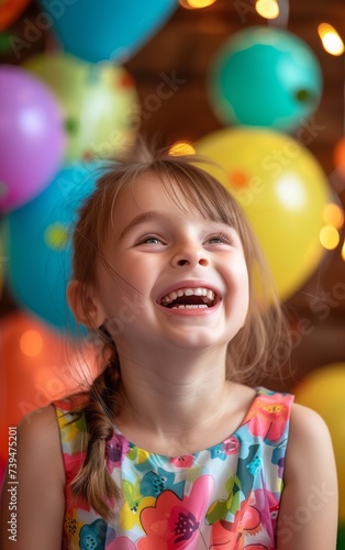 Portrait of a happy cute girl in a colorful dress on the background of balloons.