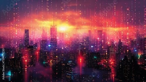 Vibrant Digital Cityscape with Dusk Sky and Data Particles