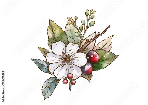 Boutonniere of wild rose flowers and berries Clip art, set of elements for design Outline hand drawing vector illustration. In botanical style