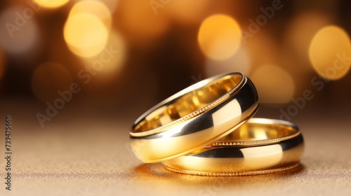 Close-up of sparkling gold wedding rings on glittering background with space for text