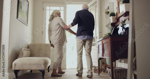 Senior couple, door and leaving home for walk, together and getting ready for outdoor activity. Elderly people, bonding and person with disability in marriage, cane and enjoying retirement or back photo