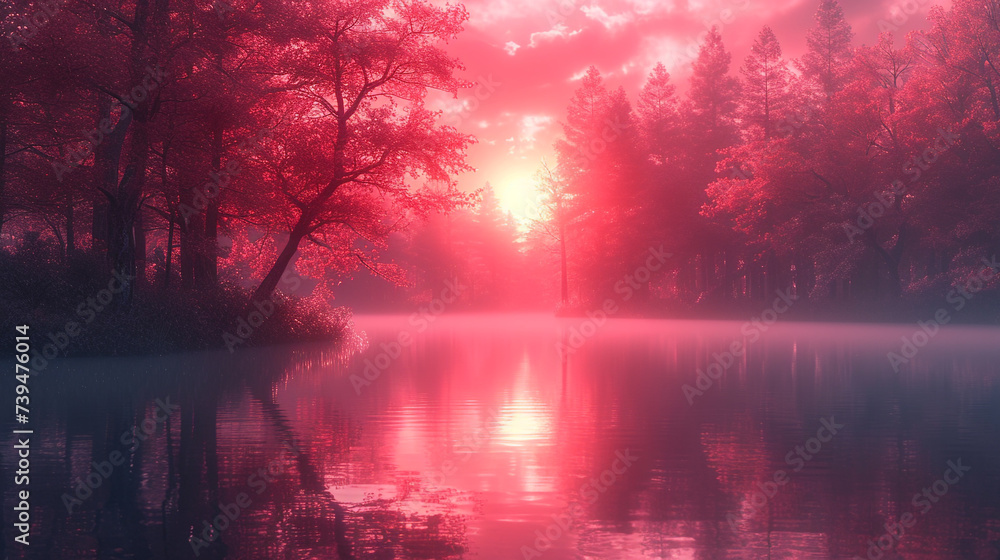 Fall colors on autumn foggy river. Alden trees on riverbank. Autumn misty morning. Autumn dawn scene Fall colors on autumn foggy river. Alden trees on riverbank. Autumn misty morning. Autumn dawn scene