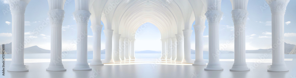 Archway White Columns, Hallway Elegant hall classical architecture Ancient style arch Design, Lake View Background