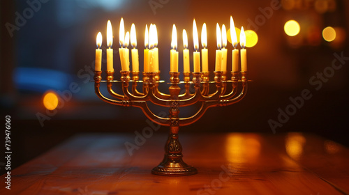 Chanukiah with burning candles on on golden bokeh background, magic banner, concept for the Jewish holiday Hanukkah