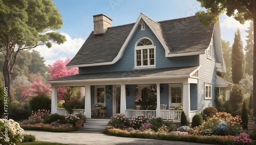 A cozy cottage with shingled facade, dormer windows, and flower-filled porch. generative AI photo