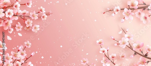 Cherry blossom floral frame on elegant pink background. AI generated image