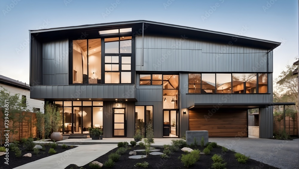 An industrial-style home with metal siding, oversized windows, and a sculptural courtyard. generative AI