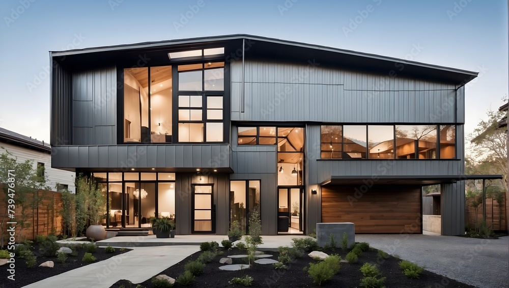 An industrial-style home with metal siding, oversized windows, and a sculptural courtyard. generative AI An industrial-style home with metal siding, oversized windows, and a sculptural courtyard. generative AI