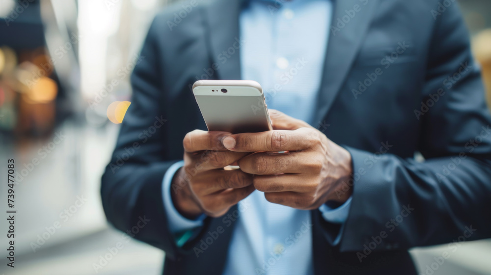 A man in a suit is using a smartphone with his right hand. A man in a suit is using a smartphone with his right hand.