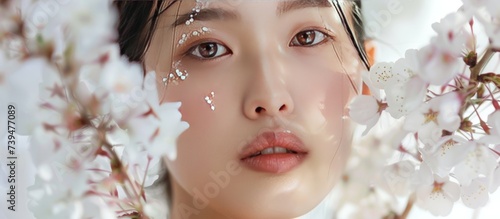 Portrait close up face of beauty of Asian women model with cherry blossom background. AI generated