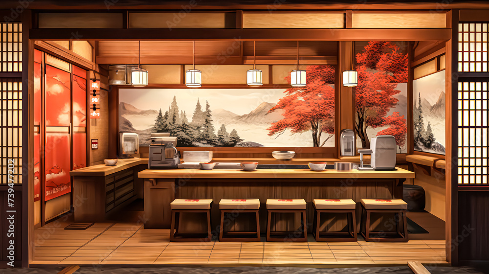 Naklejka premium An elegant Asian restaurant featuring a sleek bar counter, exuding sophistication and offering a delightful dining experience with its fusion of flavors and ambiance.