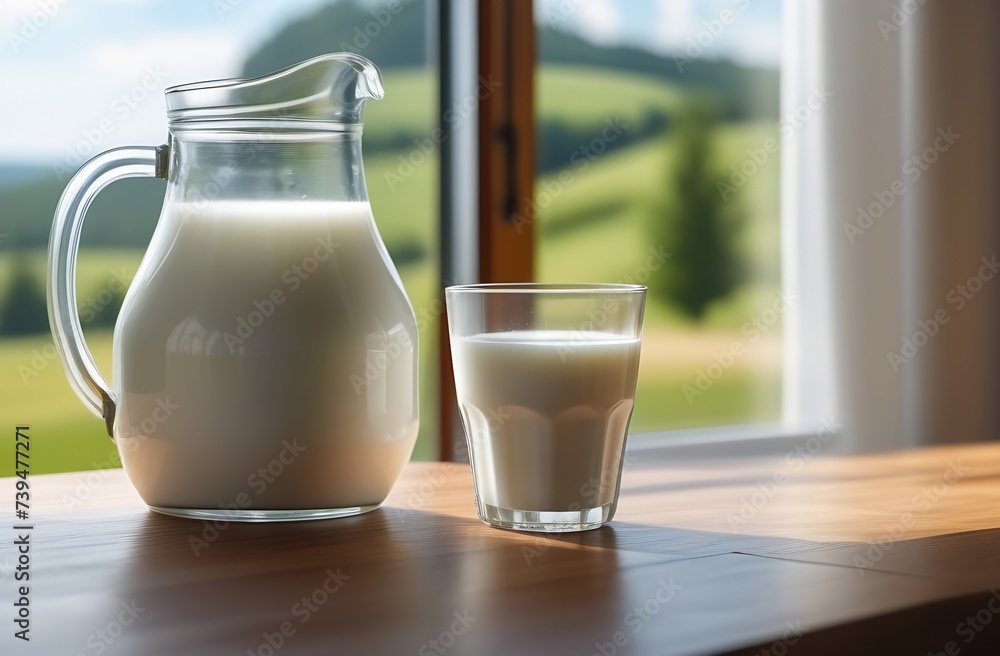 Natural homemade food. A jug and a glass of milk at the window of a village house. Farm products