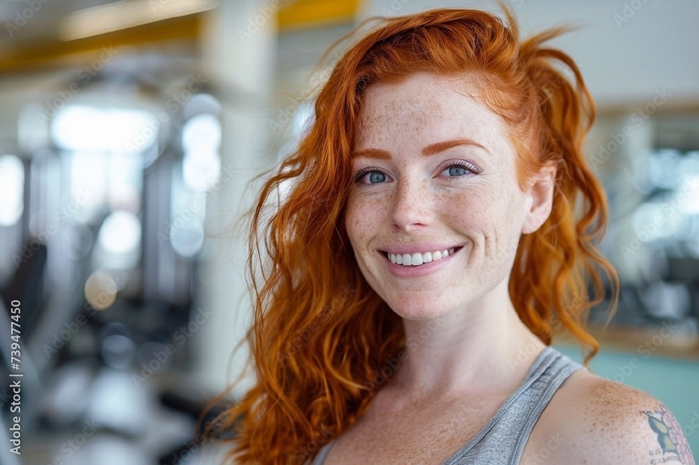 Happy athletic red haired woman after working out in a gym and looking at camera.
