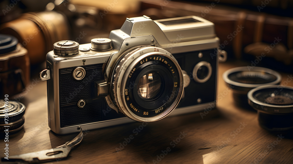 Retro Vibes: Old Film Camera and Photography Essentials on a Wooden Table in Vintage Style Setting