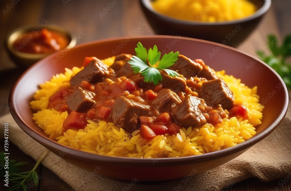 Delicious hearty lunch. Beef goulash with crumbly rice Delicious hearty lunch. Beef goulash with crumbly rice