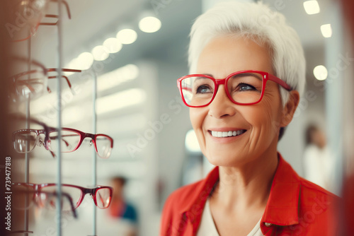 Elegant Senior Woman with Red Glasses in an optics store
