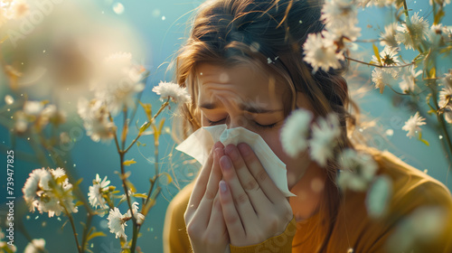 Brunette sneezing in paper napkin during early summer or spring. Allergenic pollen causing allergy problems during the blooming season. © stefanholm