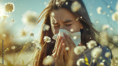 Brunette sneezing in paper napkin during early summer or spring. Allergenic pollen causing allergy problems during the blooming season. photo