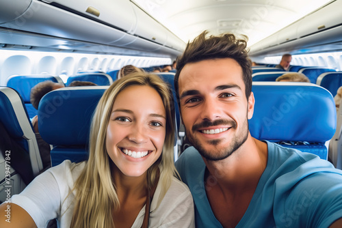 Smiling tourist Couple Taking a Selfie Together on an Airplane Before Takeoff. Holidays and transportation concept