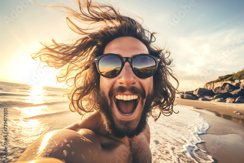 Ecstatic Man in sunglasses Enjoying Sunset at Beach with Selfie picture Pose