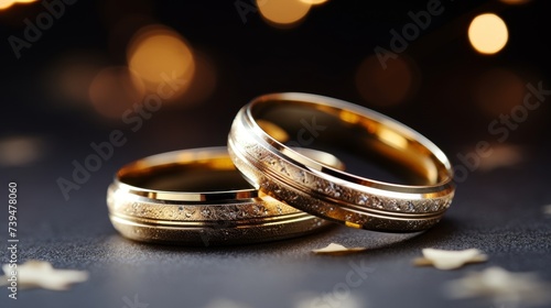 close up of two gold sparkling wedding rings on a glittering background with space for text