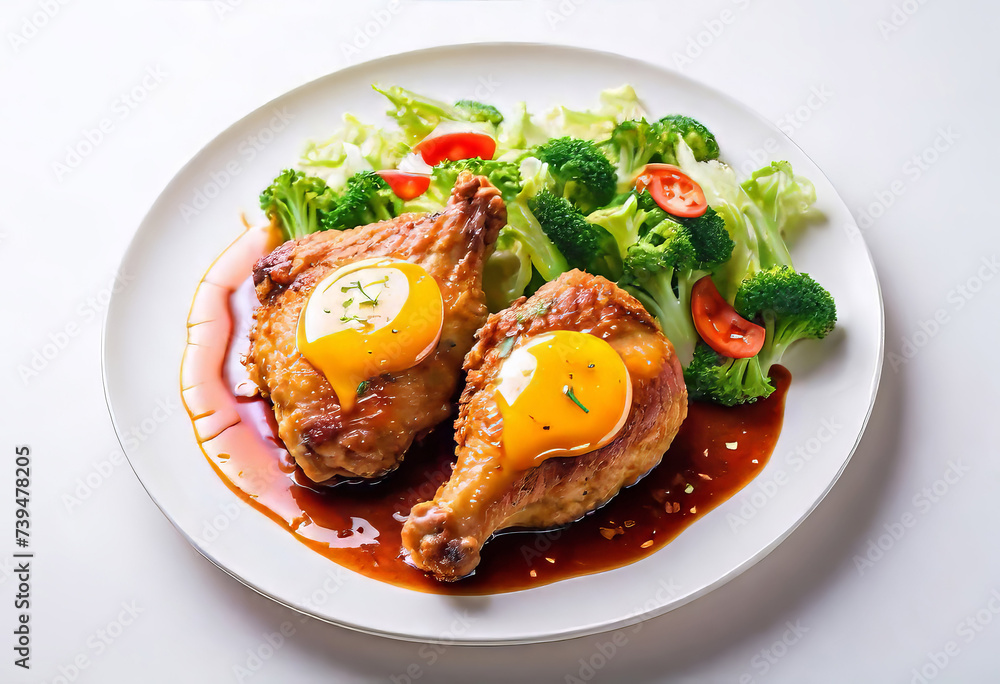 photo of fried chicken thigh with sauce on white background, plate with free space, happy atmosphere,