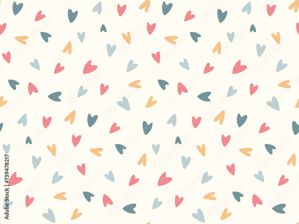 Cute cartoon colored hearts seamless pattern. Hand drawn flat heart design. Baby nursery colorful love background for wallpaper design, print fabric