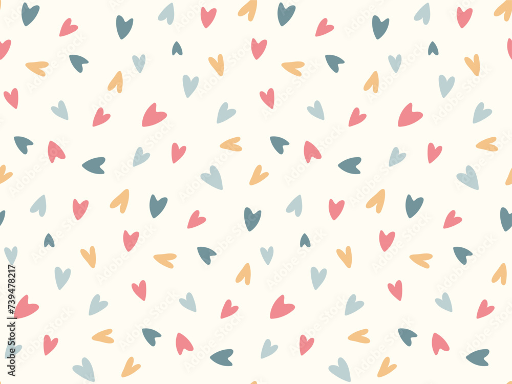 Cute cartoon colored hearts seamless pattern. Hand drawn flat heart design. Baby nursery colorful love background for wallpaper design, print fabric Cute cartoon colored hearts seamless pattern. Hand drawn flat heart design. Baby nursery colorful love background for wallpaper design, print fabric