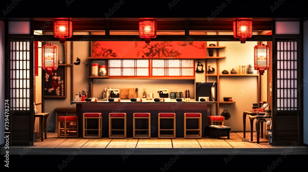 An elegant Asian restaurant featuring a sleek bar counter, exuding sophistication and offering a delightful dining experience with its fusion of flavors and ambiance.