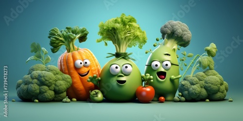 create a vegetable illustration hero page for UX, UI landing page, carton style vegetable carrot, potato, cucumber, tomato, cauliflower with eyes, 3D oily UX, UI interface, highly detailed, eye catchi photo