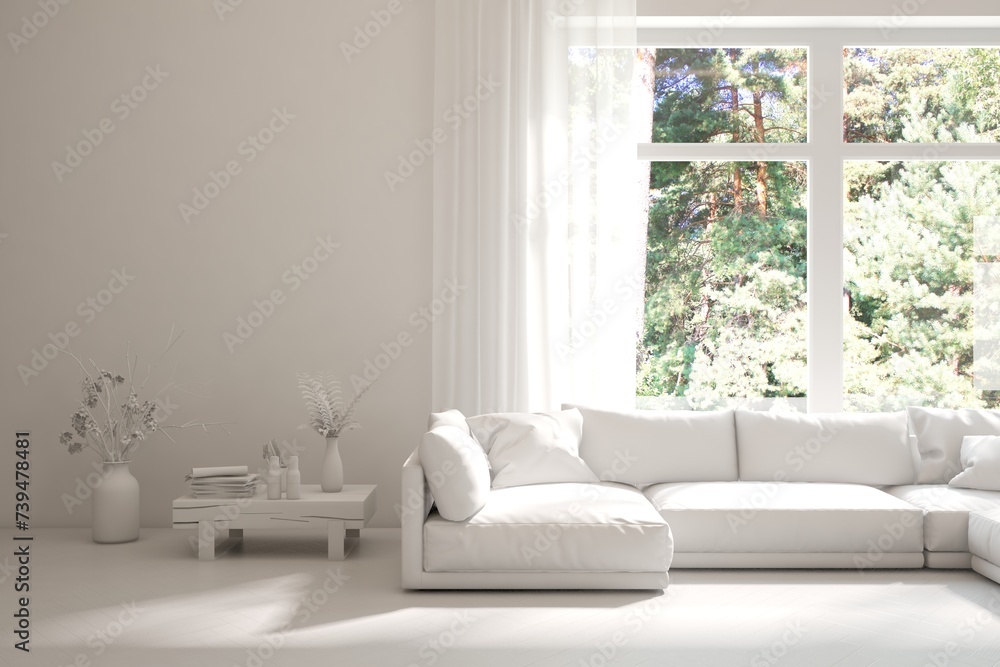 Fototapeta premium Grey living room concept with sofa and summer landscape in window. Scandinavian interior design. 3D illustration