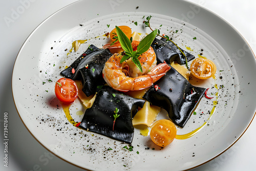 close up black pasta or ravioli with shrimp on a white background. Italian cuisine photo