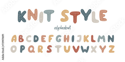 Knitting style hand drawn Alphabet. Capital multicolored Letters with Knitted Crocheted pattern. Cute abstract font for design Handmade products, Needlework store labels photo