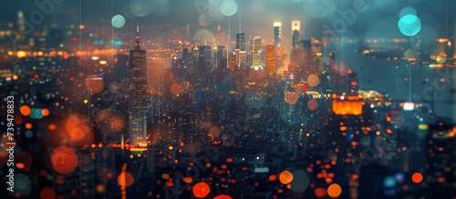 Vibrant cityscape at night with illuminated buildings and glowing lights