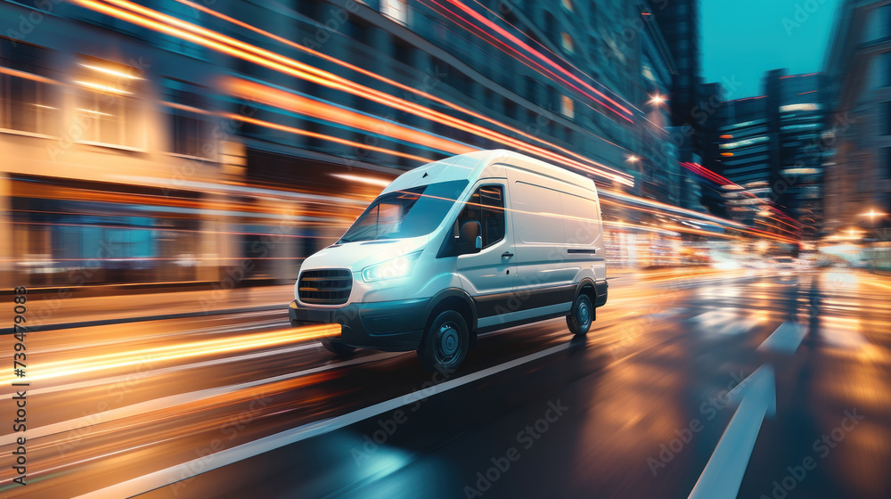 Delivery van in the city at night. Efficiency, speed, and reliability in transportation and logistics. Delivering goods and services. E-commerce, retail, or other industries on distribution networks.