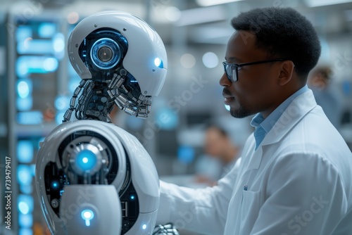 A dark-skinned scientist in a white coat instructs an android robot in a laboratory