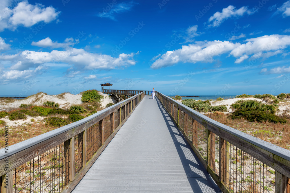 Smyrna Dunes Park with elevated boardwalk and fishing pier in New Smyrna Beach, Florida.