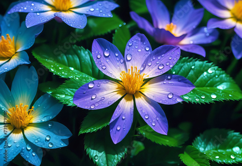 beautiful flowers with green leaves and refracting water drops  floral patterns 