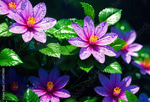beautiful flowers with green leaves and refracting water drops  floral patterns 