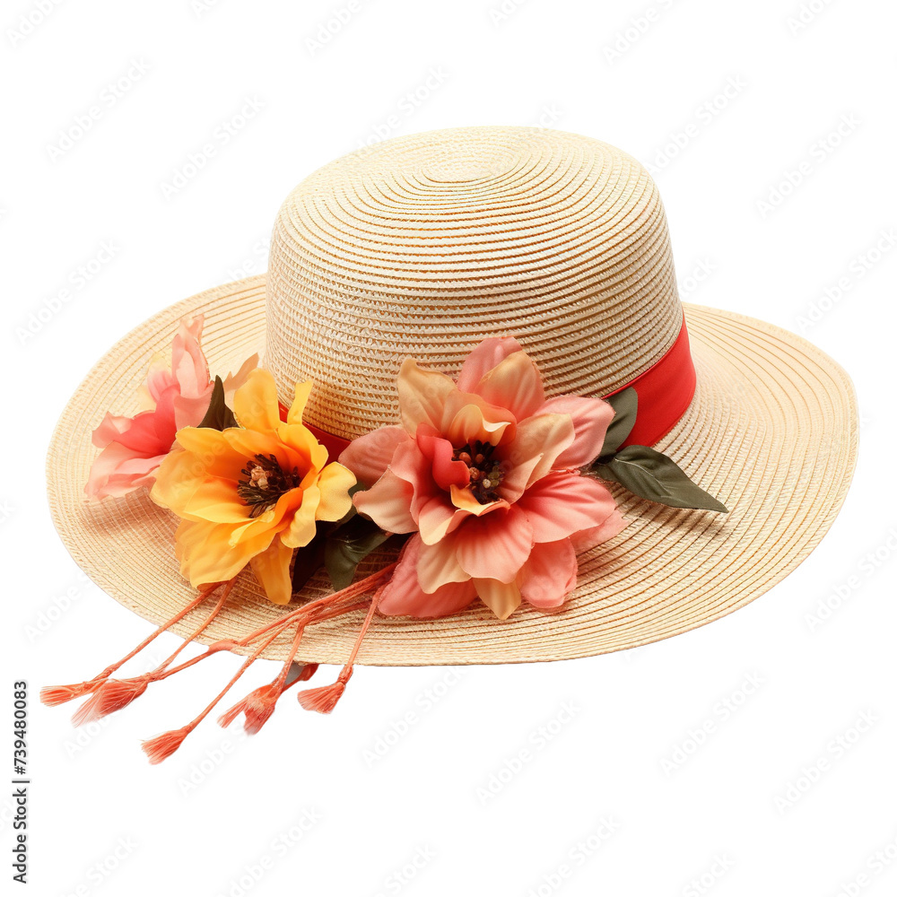 Girls summer straw floppy with flowers isolated on white or transparent background Girls summer straw floppy with flowers isolated on white or transparent background