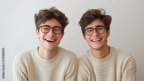 Two identical twin young guys laughing on grey background.