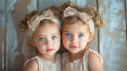 Two identical twin sisters with blue eyes and blond hair. 