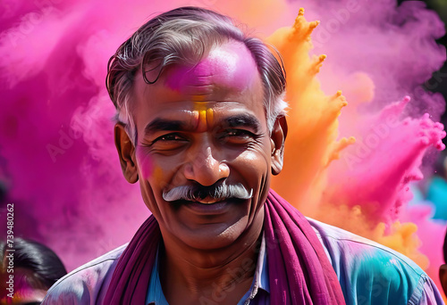 Portrait of a happy Indian man in national clothes in a cloud of multi-colored powder during the Holi festival, Indian holidays,