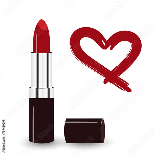 Glossy red lipstick with heart