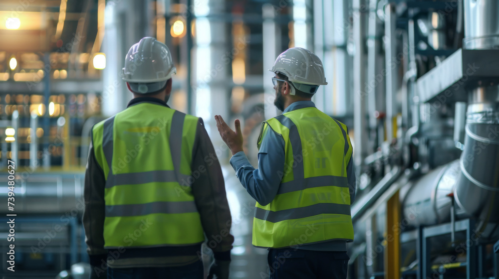 Two industry professionals in safety gear are inspecting a manufacturing plant using a digital tablet. Two industry professionals in safety gear are inspecting a manufacturing plant using a digital tablet.