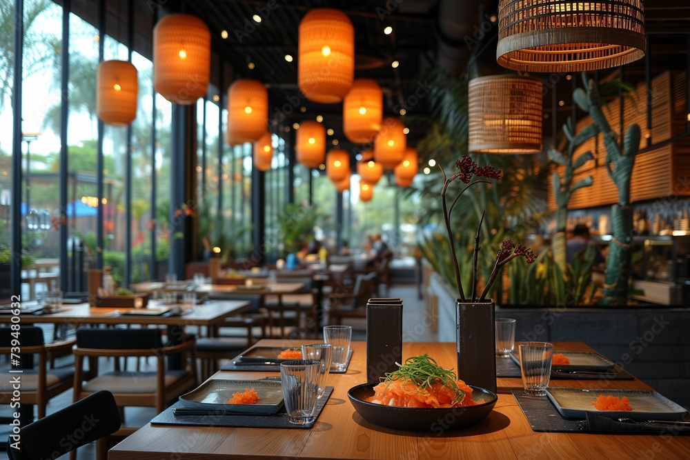 Stylish Dining Ambiance with Orange Pendant Lights and Lush Plant Decor